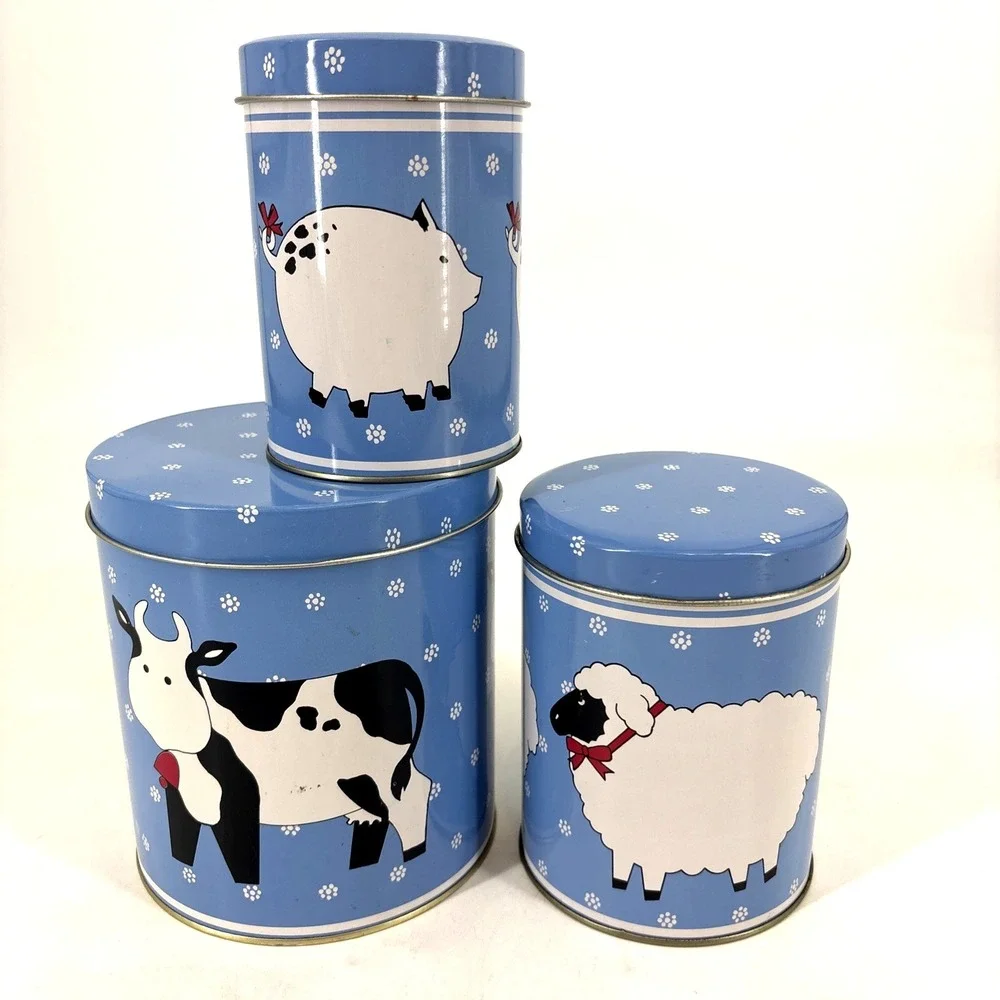 VTG Farm Nesting Tin Canisters set of 3 Cow Sheep Pig Grandma Cottage Core Blue